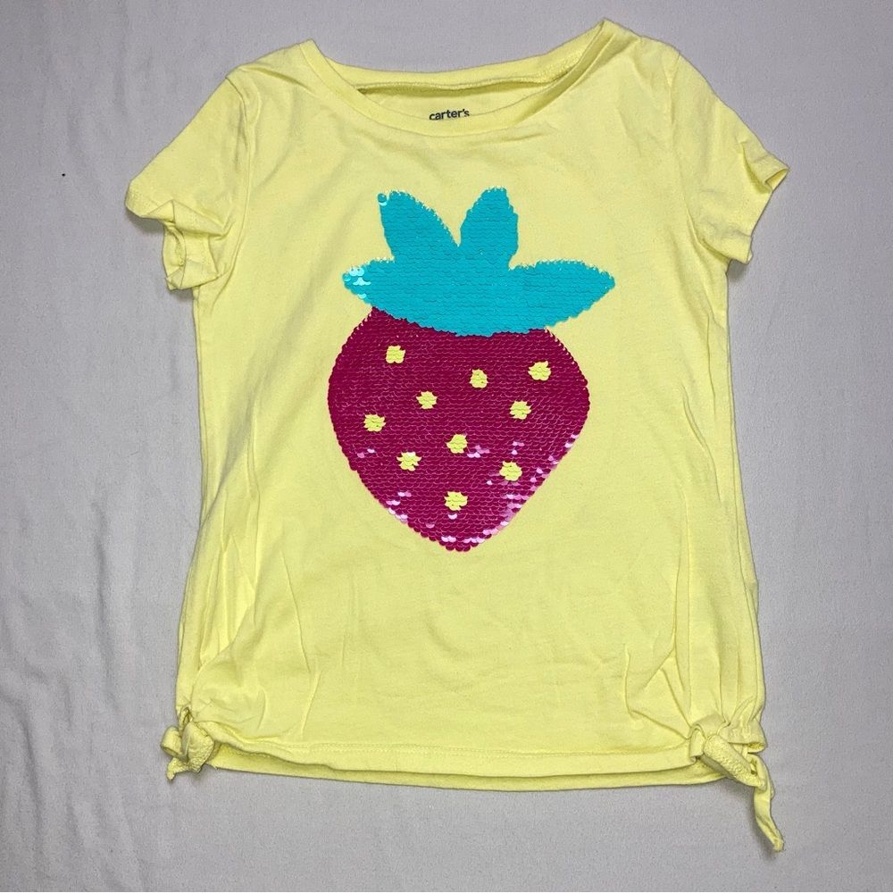 🆕 Strawberry Flip Sequin Shirt Girl’s 5 Yellow Top Short Sleeve Summer Shimmer